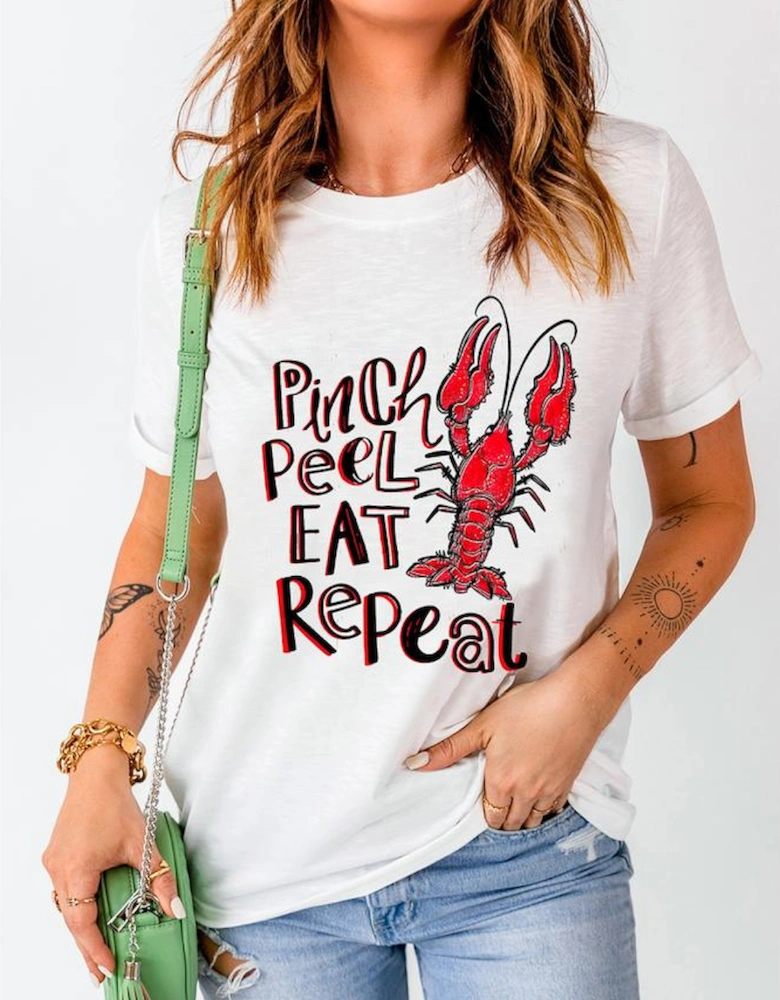White Pinch Peel Eat Repeat Crawfish Print Crew Neck Tee