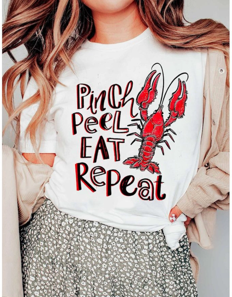 White Pinch Peel Eat Repeat Crawfish Print Crew Neck Tee