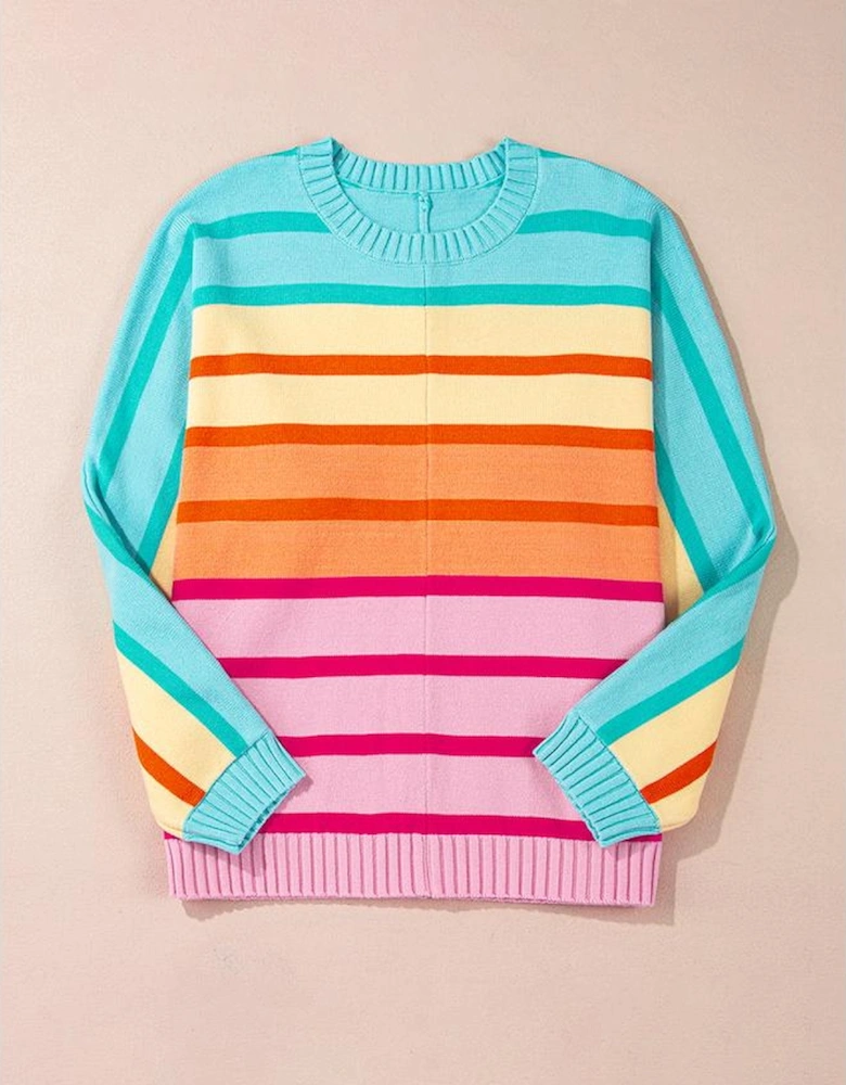 Yellow Stripe Gradient Striped Ribbed Edge Loose Sweater
