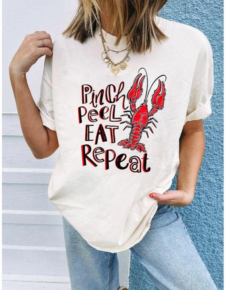 White Pinch Peel Eat Repeat Crawfish Print Crew Neck Tee