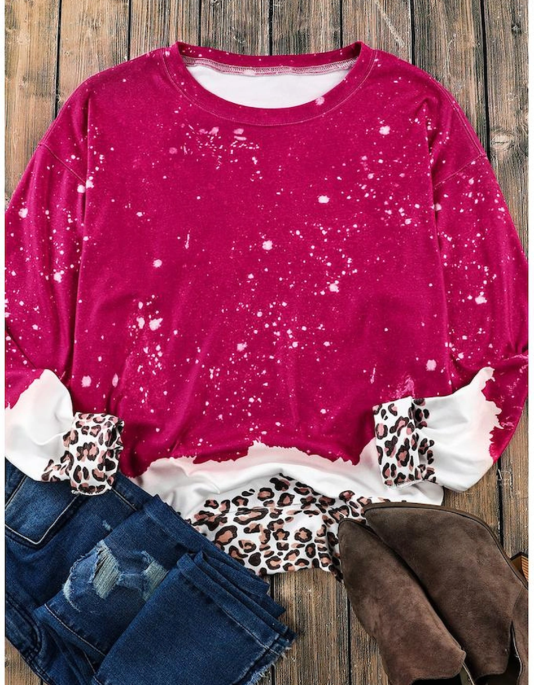 Red Leopard Bleached Pullover Sweatshirt