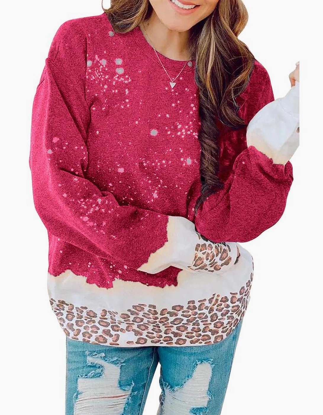 Red Leopard Bleached Pullover Sweatshirt
