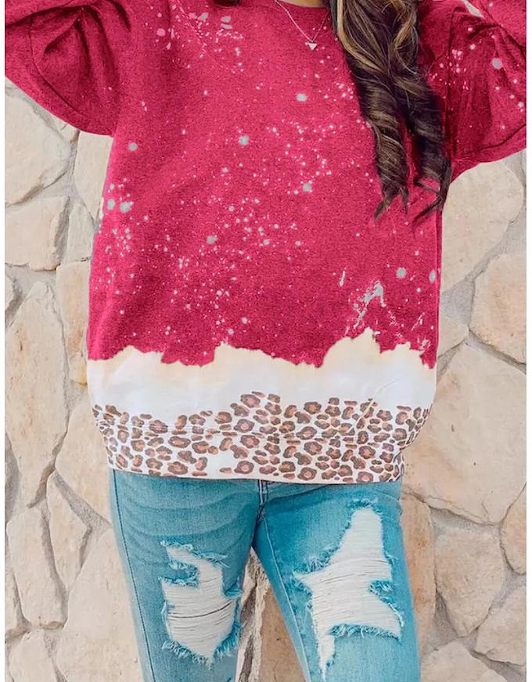 Red Leopard Bleached Pullover Sweatshirt