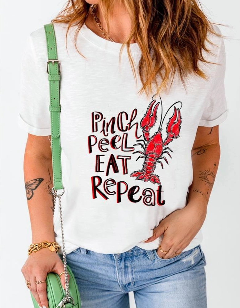 White Pinch Peel Eat Repeat Crawfish Print Crew Neck Tee