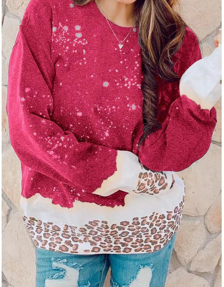 Red Leopard Bleached Pullover Sweatshirt