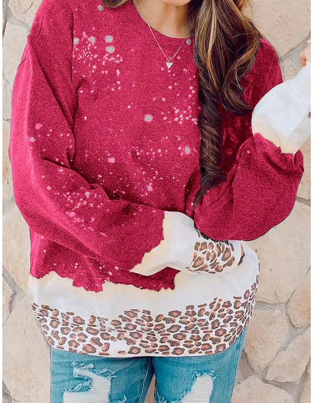 Red Leopard Bleached Pullover Sweatshirt