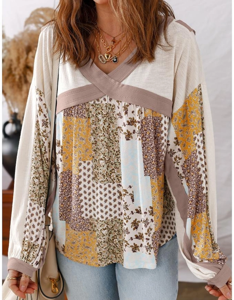 White Floral Printed Contrast Patchwork Long Sleeve Top