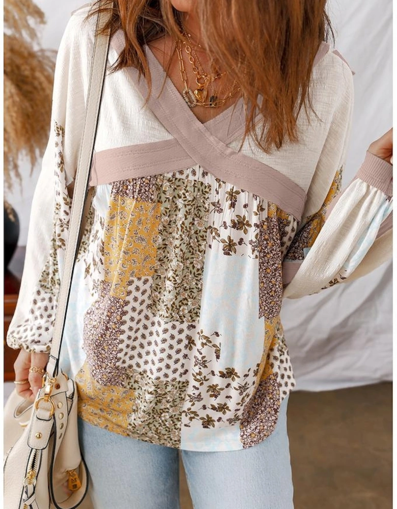 White Floral Printed Contrast Patchwork Long Sleeve Top