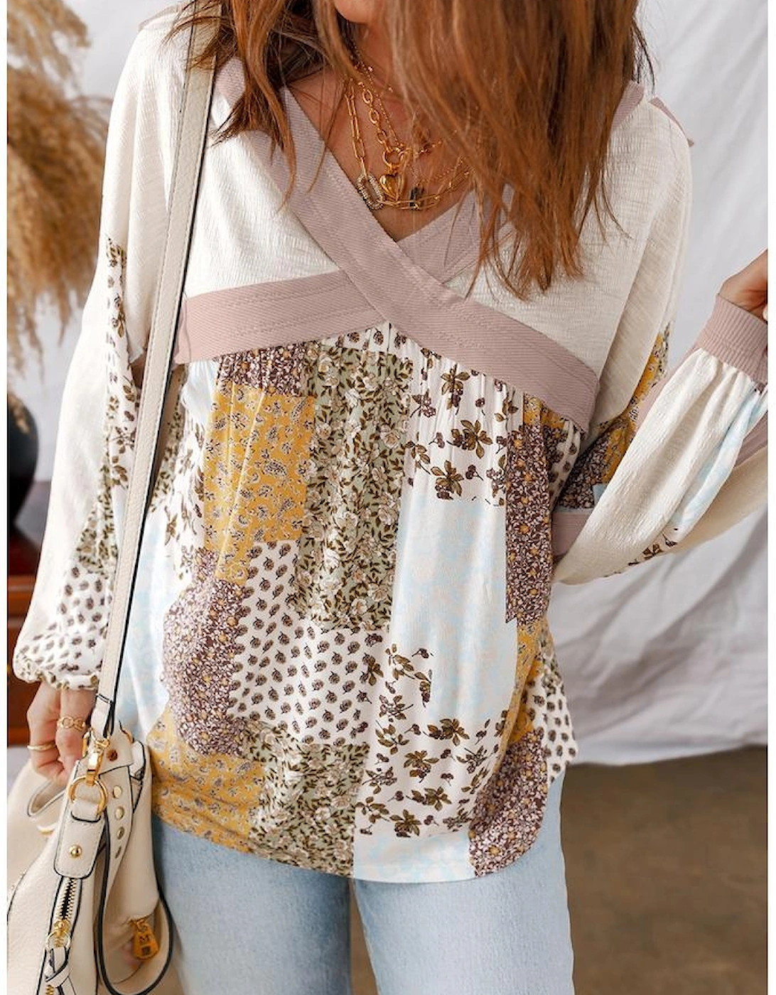 White Floral Printed Contrast Patchwork Long Sleeve Top
