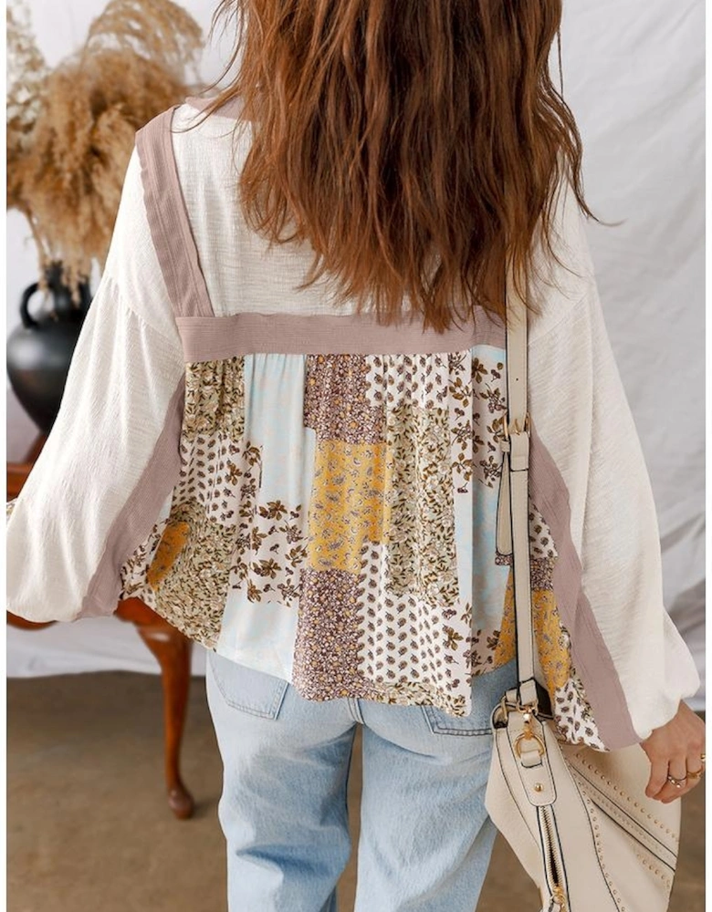 White Floral Printed Contrast Patchwork Long Sleeve Top