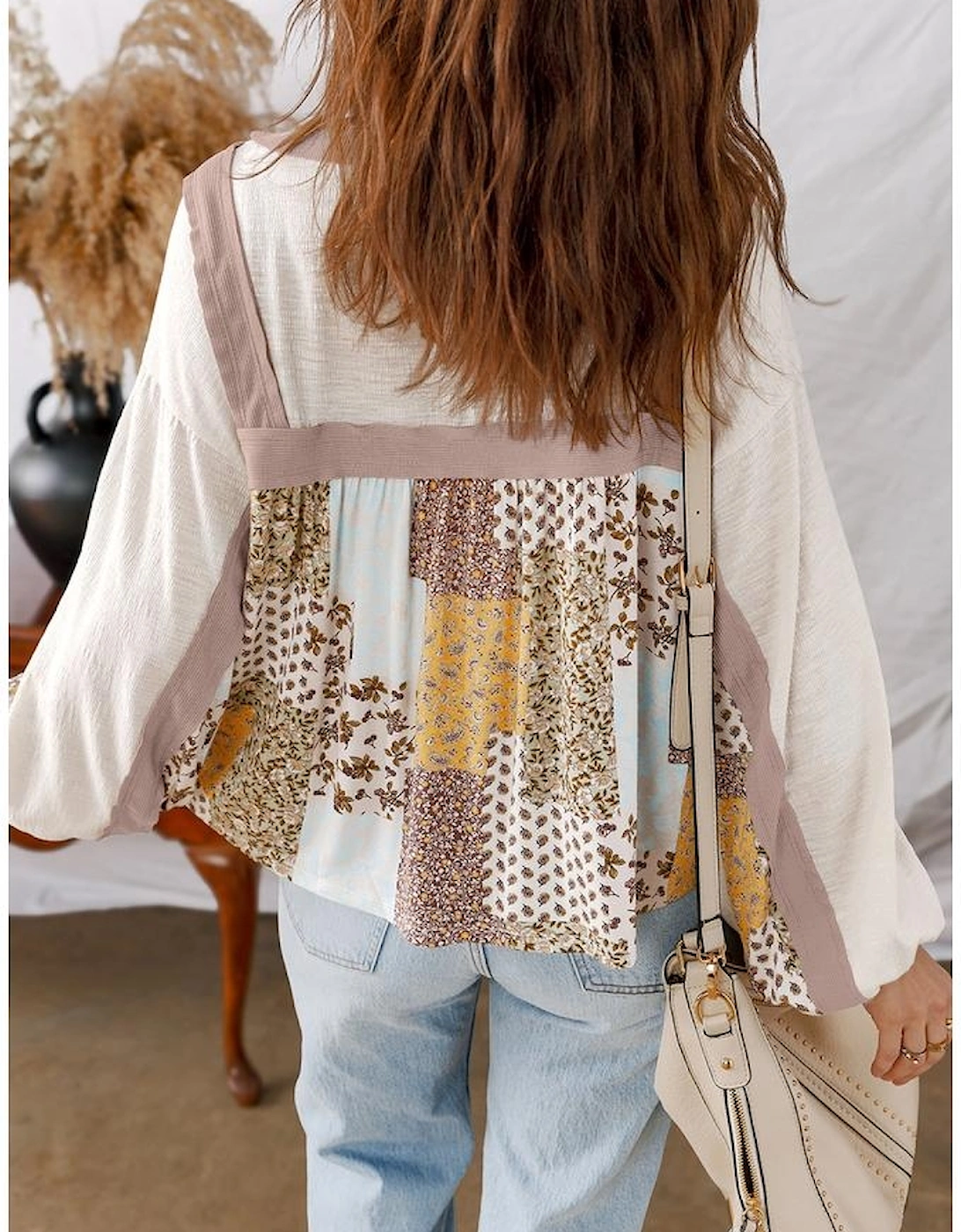 White Floral Printed Contrast Patchwork Long Sleeve Top