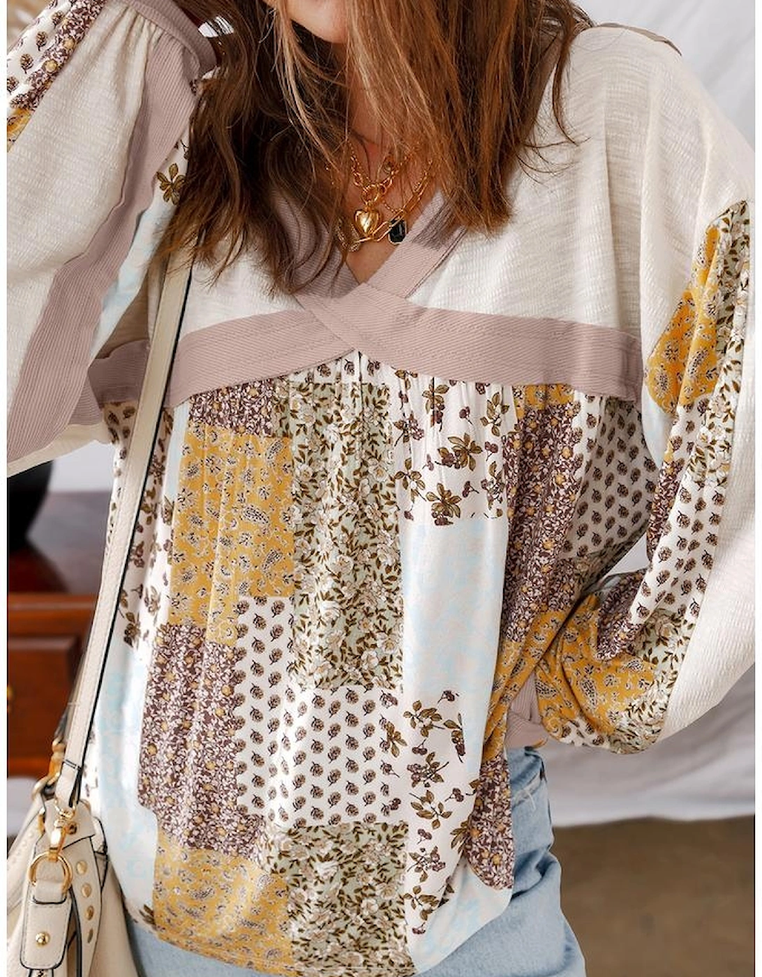 White Floral Printed Contrast Patchwork Long Sleeve Top
