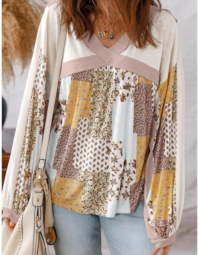 White Floral Printed Contrast Patchwork Long Sleeve Top