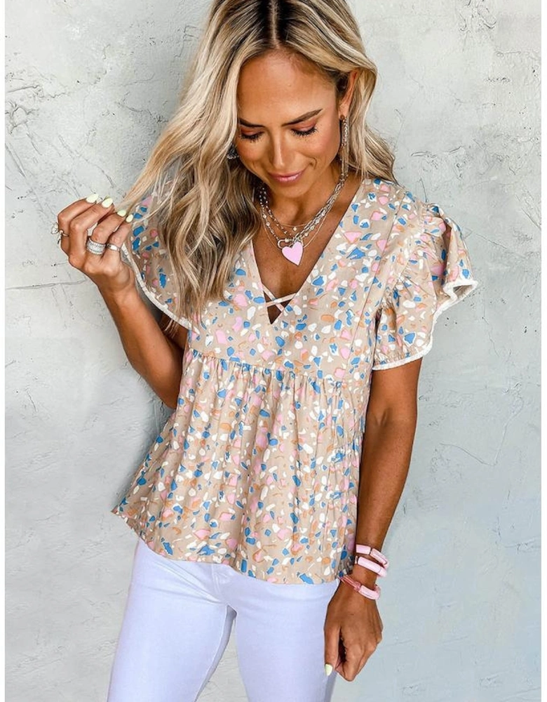 Khaki Crisscross V Neck Ruffle Sleeve Printed Flowy Blouse