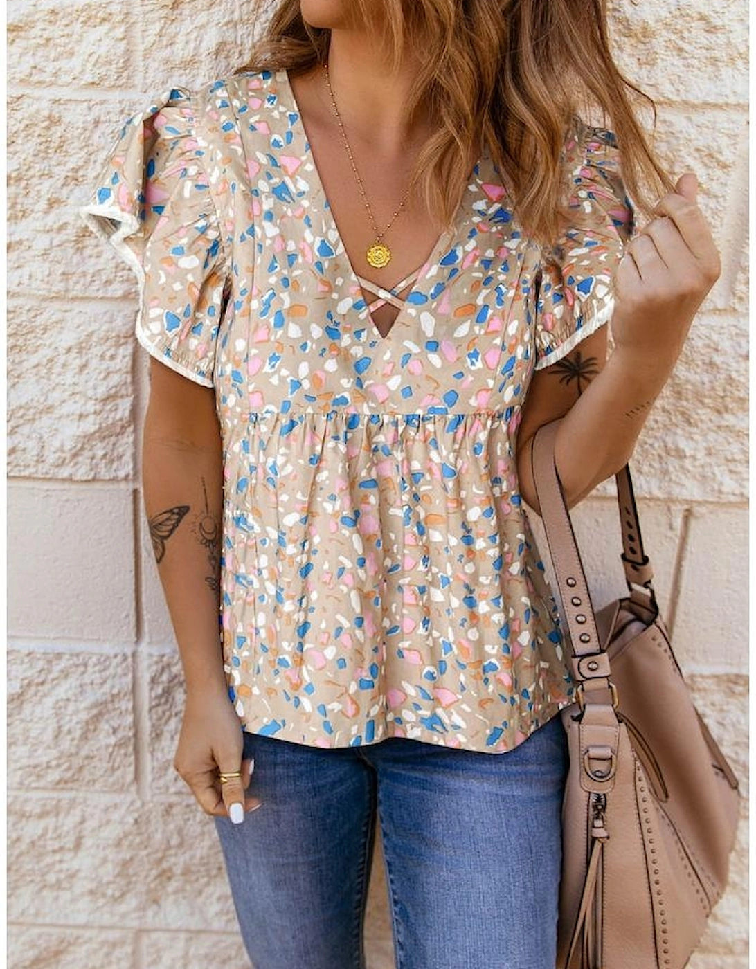 Khaki Crisscross V Neck Ruffle Sleeve Printed Flowy Blouse