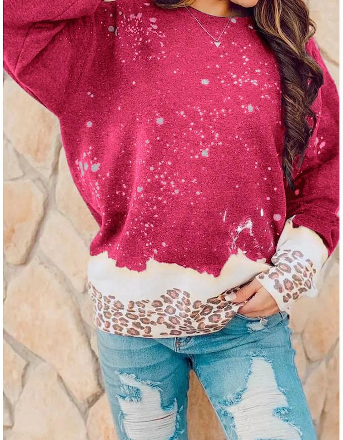 Red Leopard Bleached Pullover Sweatshirt