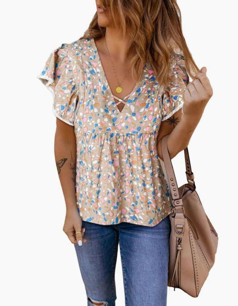 Khaki Crisscross V Neck Ruffle Sleeve Printed Flowy Blouse