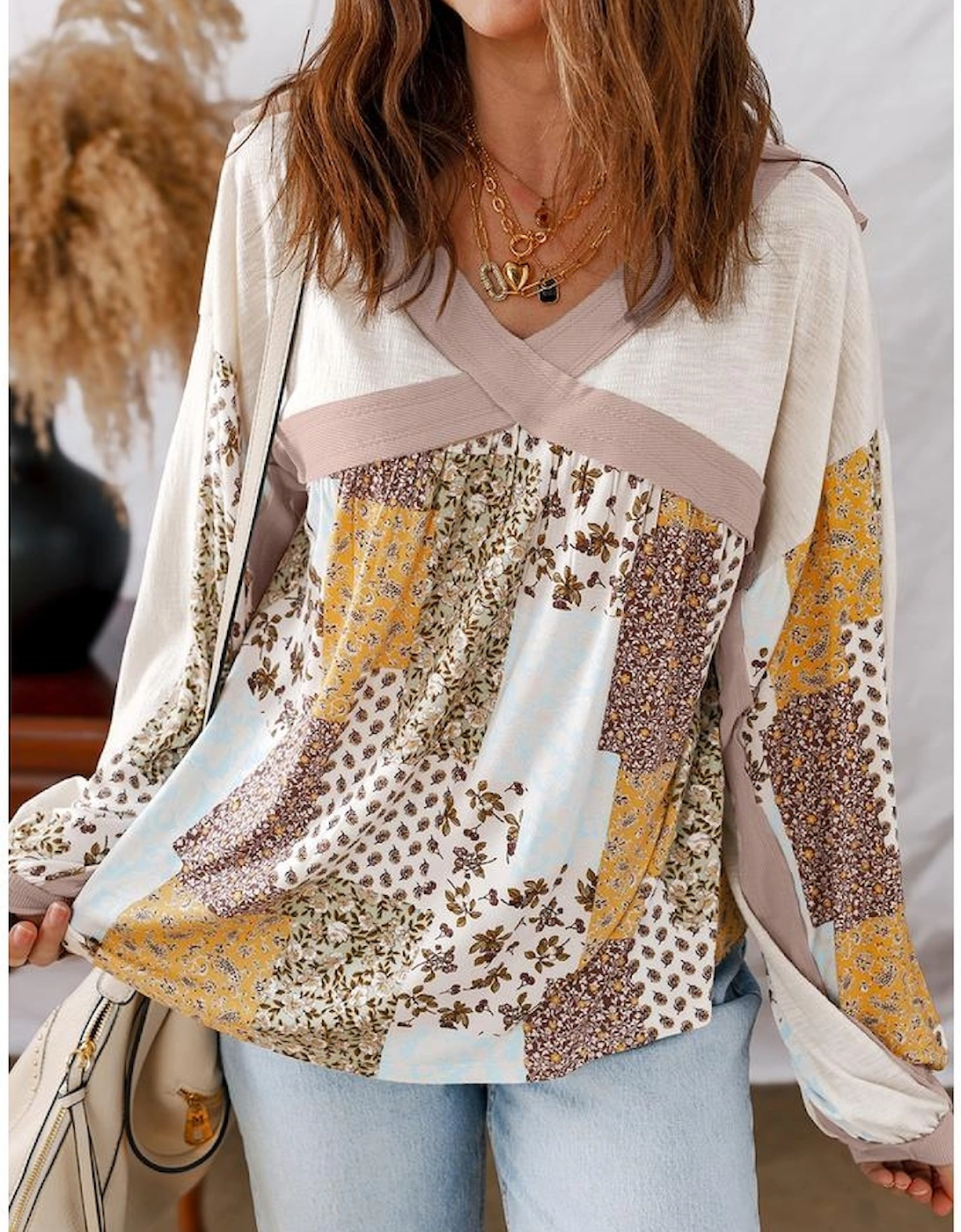 White Floral Printed Contrast Patchwork Long Sleeve Top