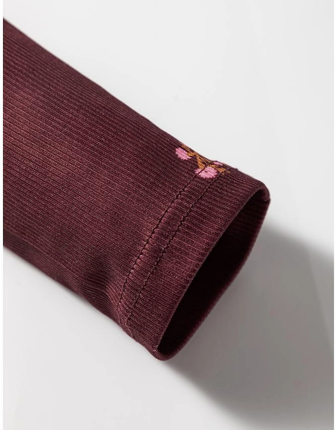 Burgundy Notched Neck Floral Print Ribbed Long Sleeve Top