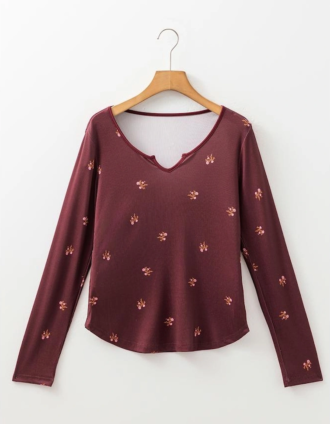 Burgundy Notched Neck Floral Print Ribbed Long Sleeve Top