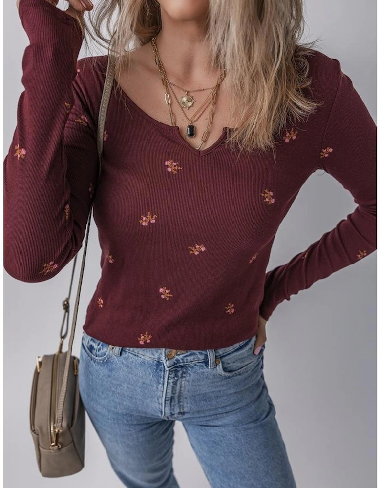 Burgundy Notched Neck Floral Print Ribbed Long Sleeve Top