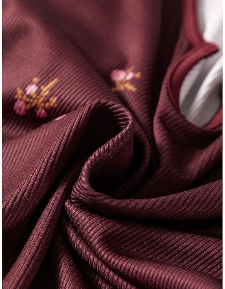 Burgundy Notched Neck Floral Print Ribbed Long Sleeve Top
