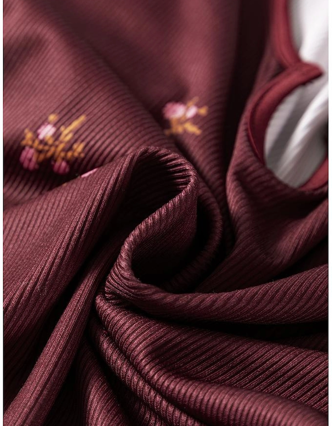 Burgundy Notched Neck Floral Print Ribbed Long Sleeve Top