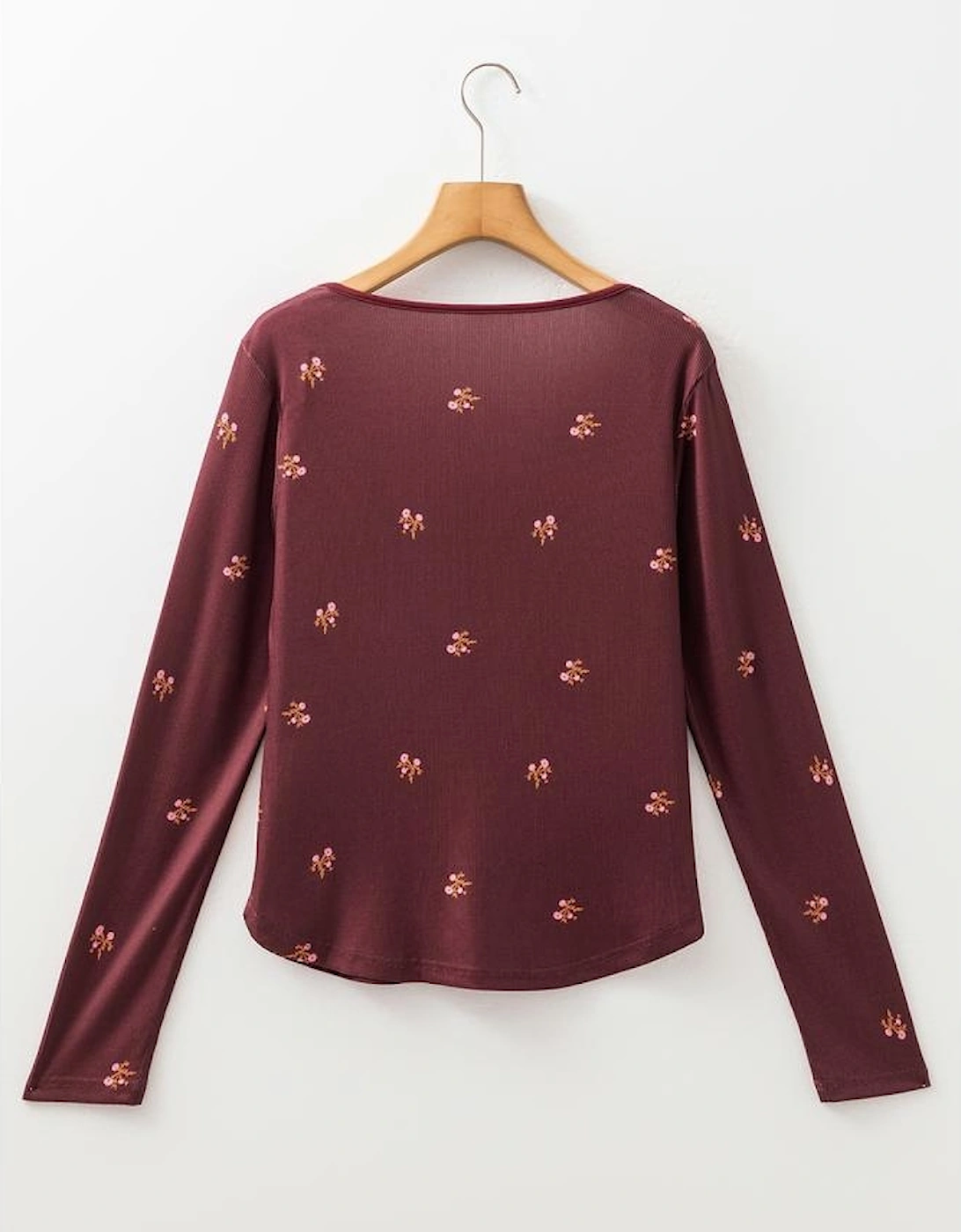Burgundy Notched Neck Floral Print Ribbed Long Sleeve Top
