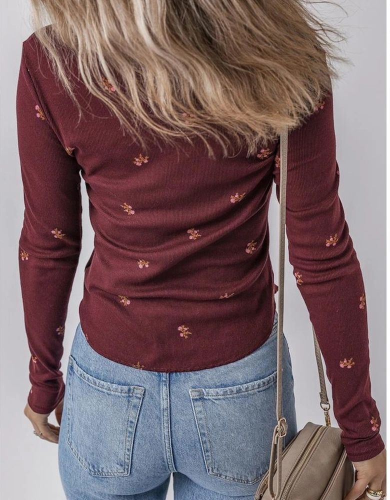 Burgundy Notched Neck Floral Print Ribbed Long Sleeve Top