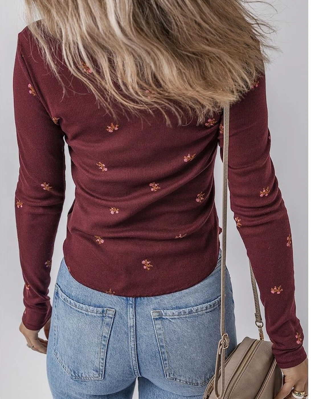 Burgundy Notched Neck Floral Print Ribbed Long Sleeve Top