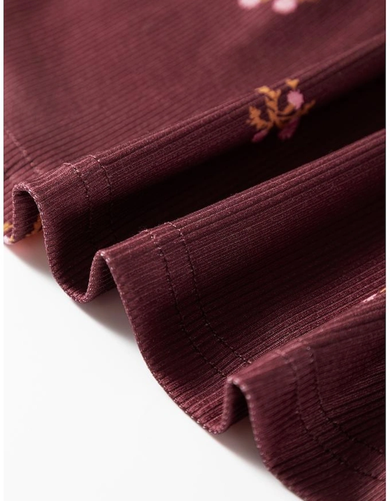 Burgundy Notched Neck Floral Print Ribbed Long Sleeve Top