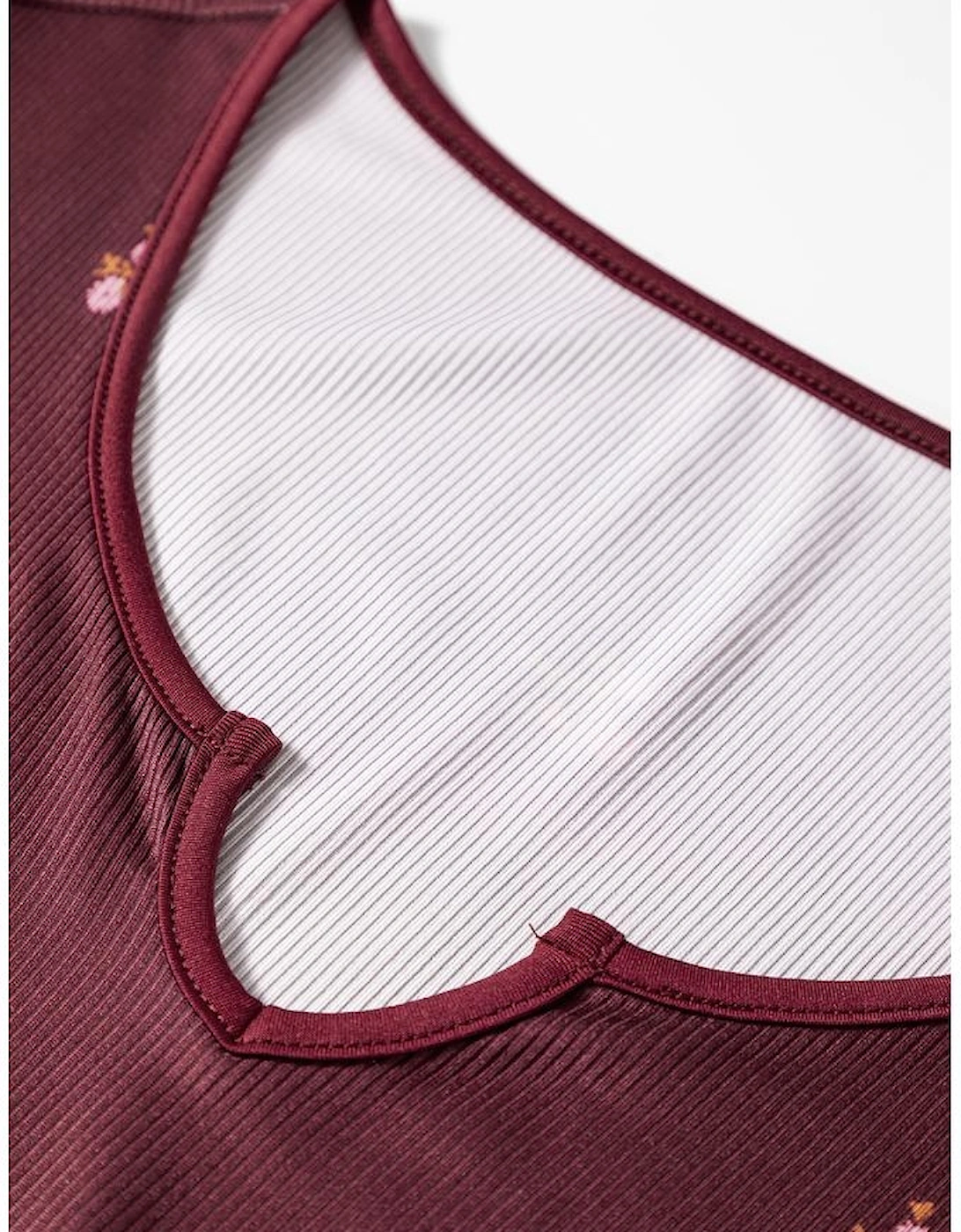 Burgundy Notched Neck Floral Print Ribbed Long Sleeve Top