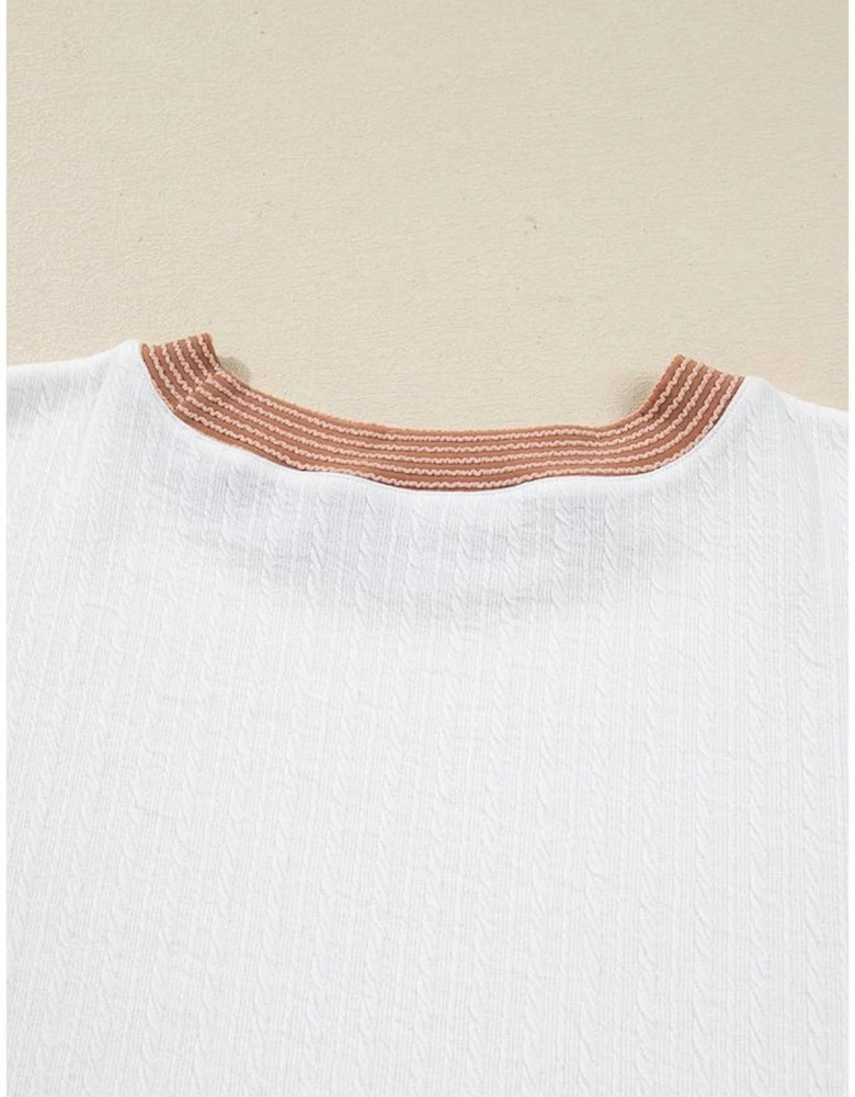 White Cable Texture Ribbed Color Block Plus Size Knit Top