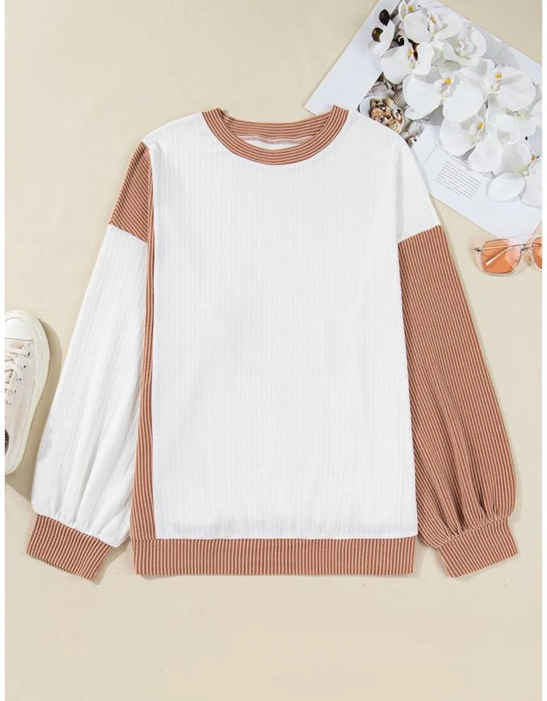 White Cable Texture Ribbed Color Block Plus Size Knit Top