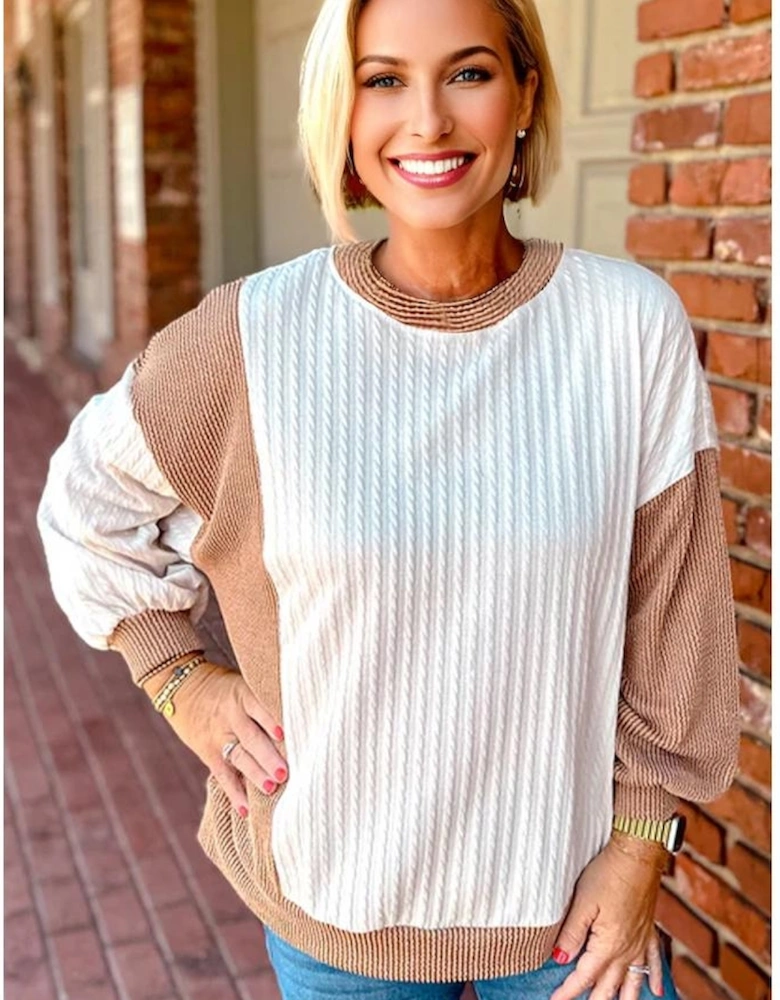 White Cable Texture Ribbed Color Block Plus Size Knit Top