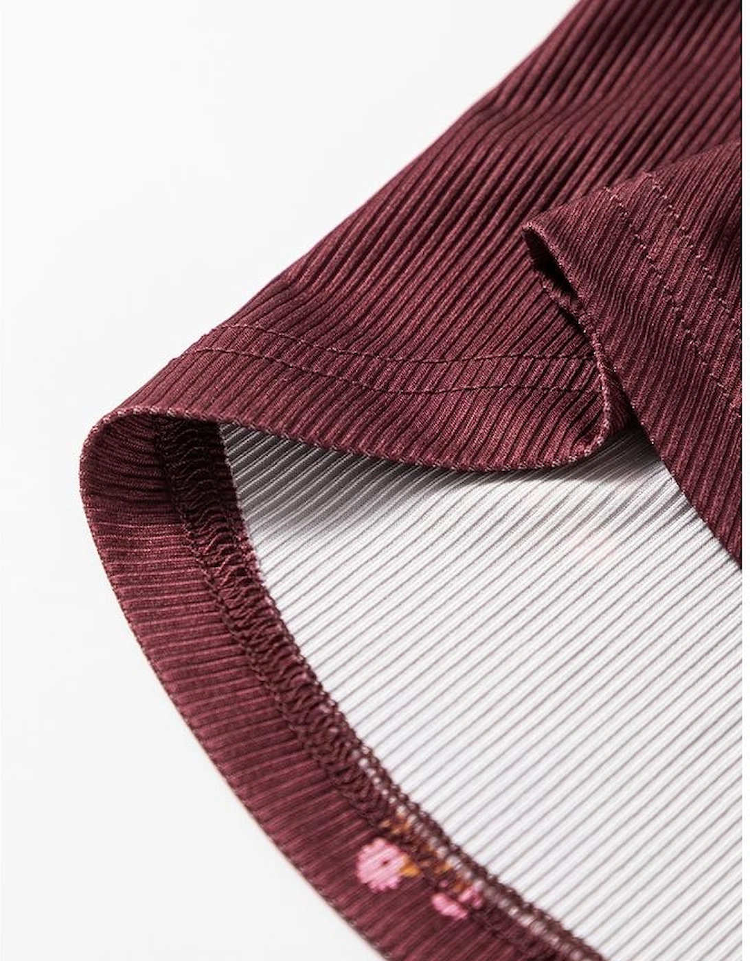 Burgundy Notched Neck Floral Print Ribbed Long Sleeve Top