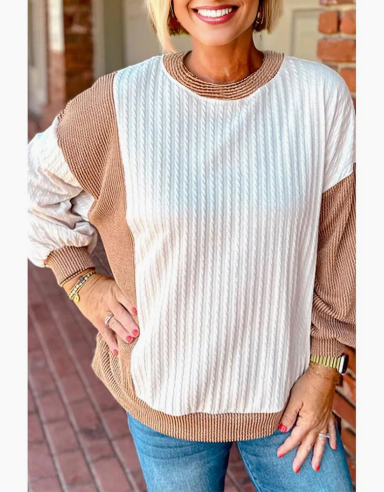 White Cable Texture Ribbed Color Block Plus Size Knit Top