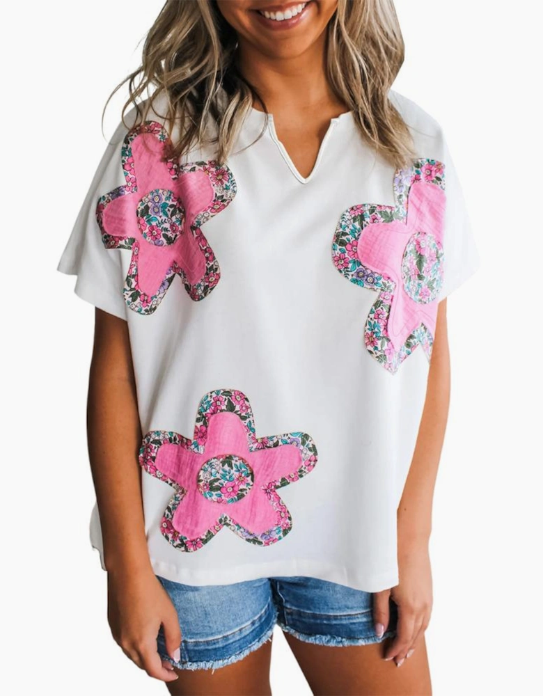 White Floral Applique Notched V Neck Dolman Sleeve Top