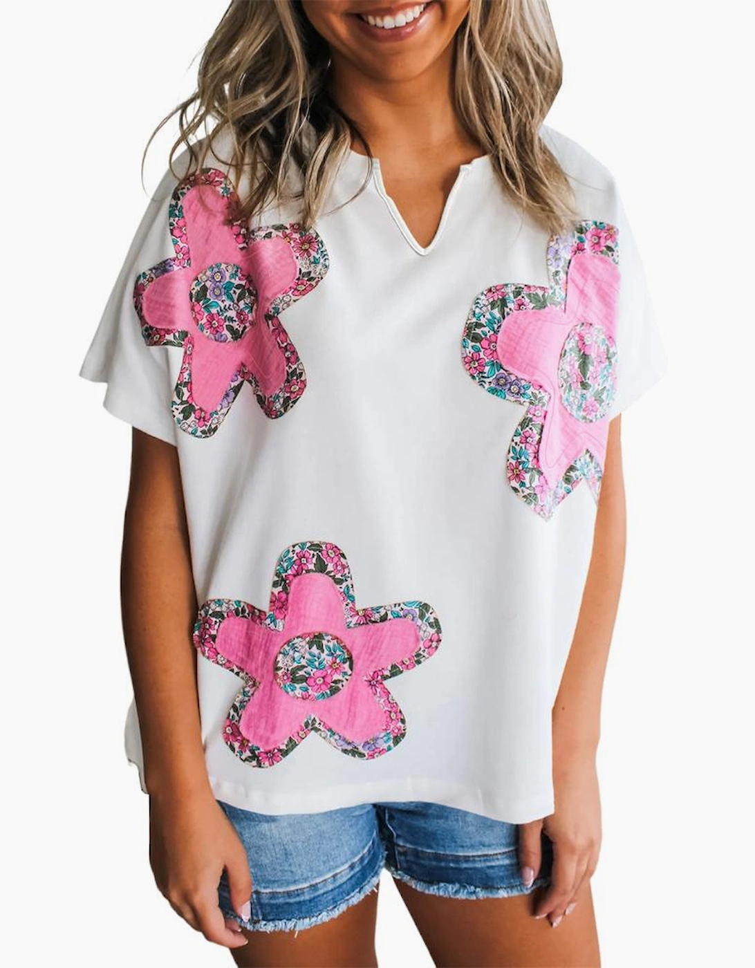 White Floral Applique Notched V Neck Dolman Sleeve Top