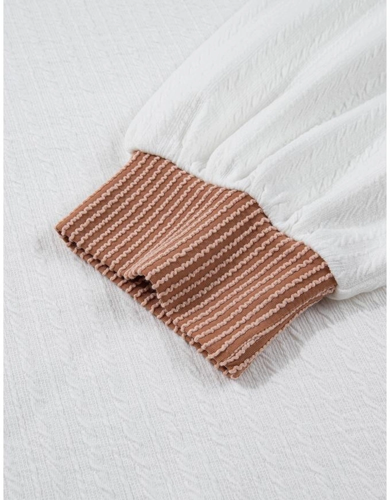 White Cable Texture Ribbed Color Block Plus Size Knit Top