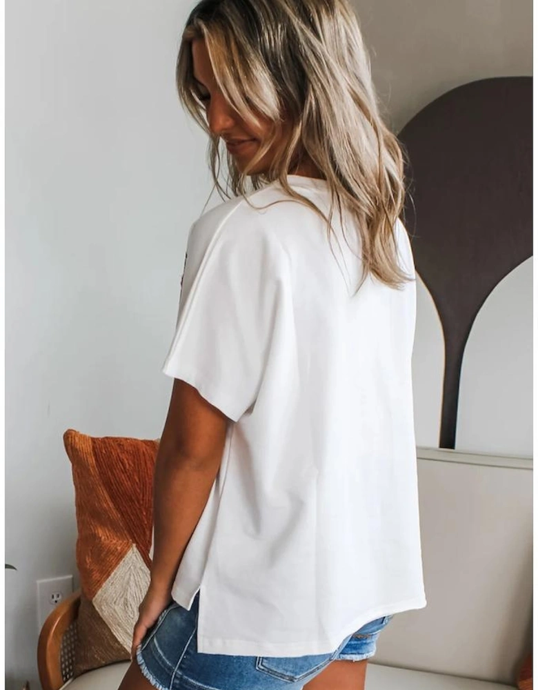 White Floral Applique Notched V Neck Dolman Sleeve Top