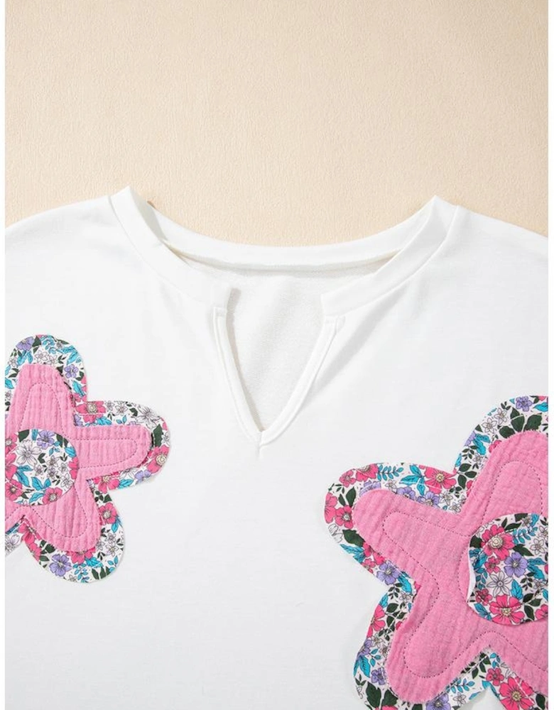 White Floral Applique Notched V Neck Dolman Sleeve Top