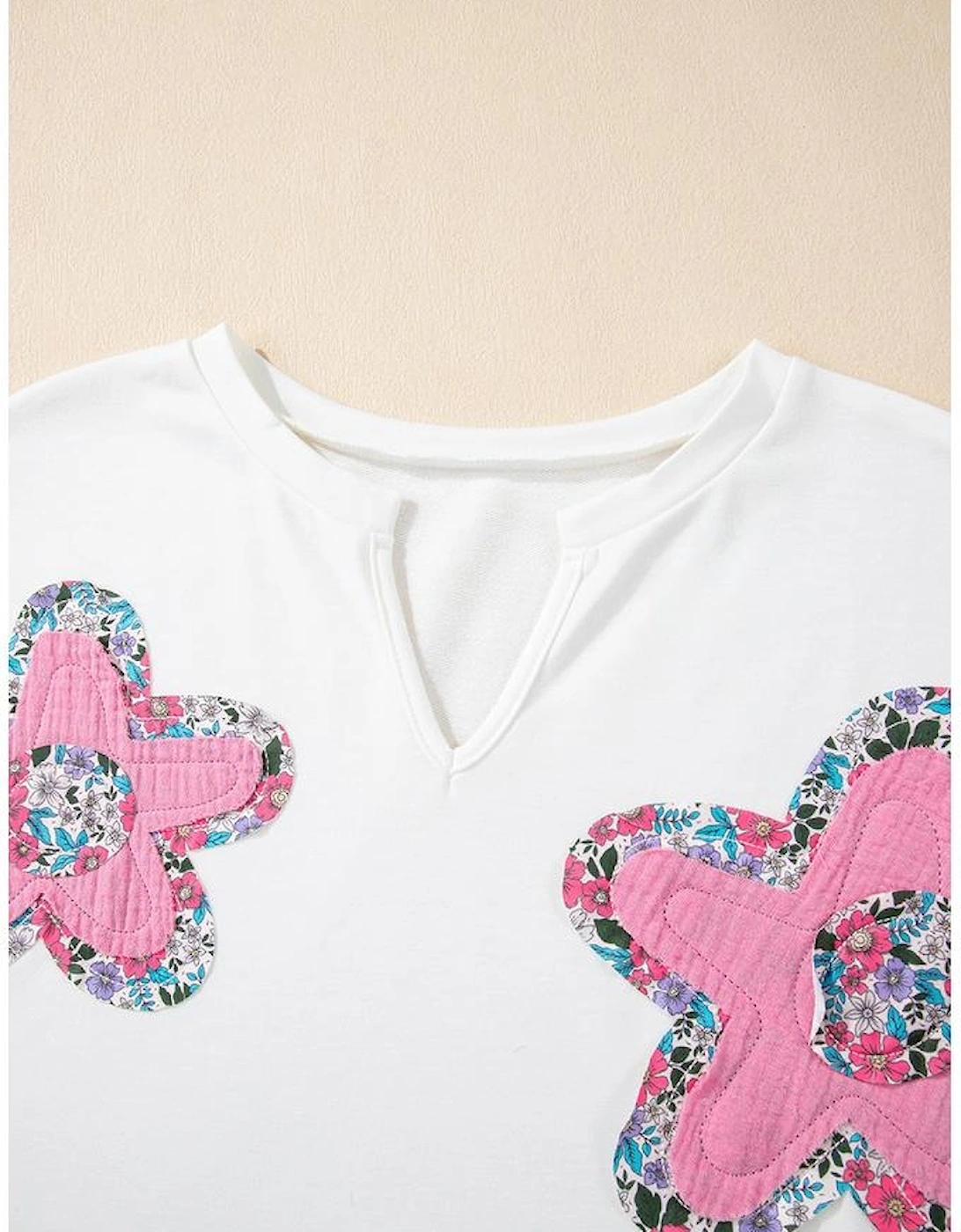 White Floral Applique Notched V Neck Dolman Sleeve Top