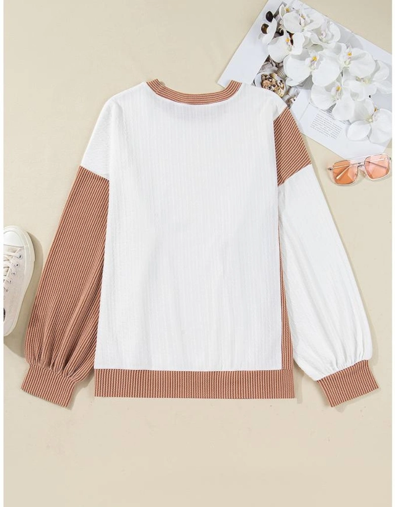 White Cable Texture Ribbed Color Block Plus Size Knit Top