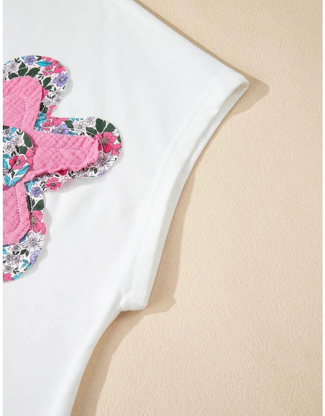 White Floral Applique Notched V Neck Dolman Sleeve Top