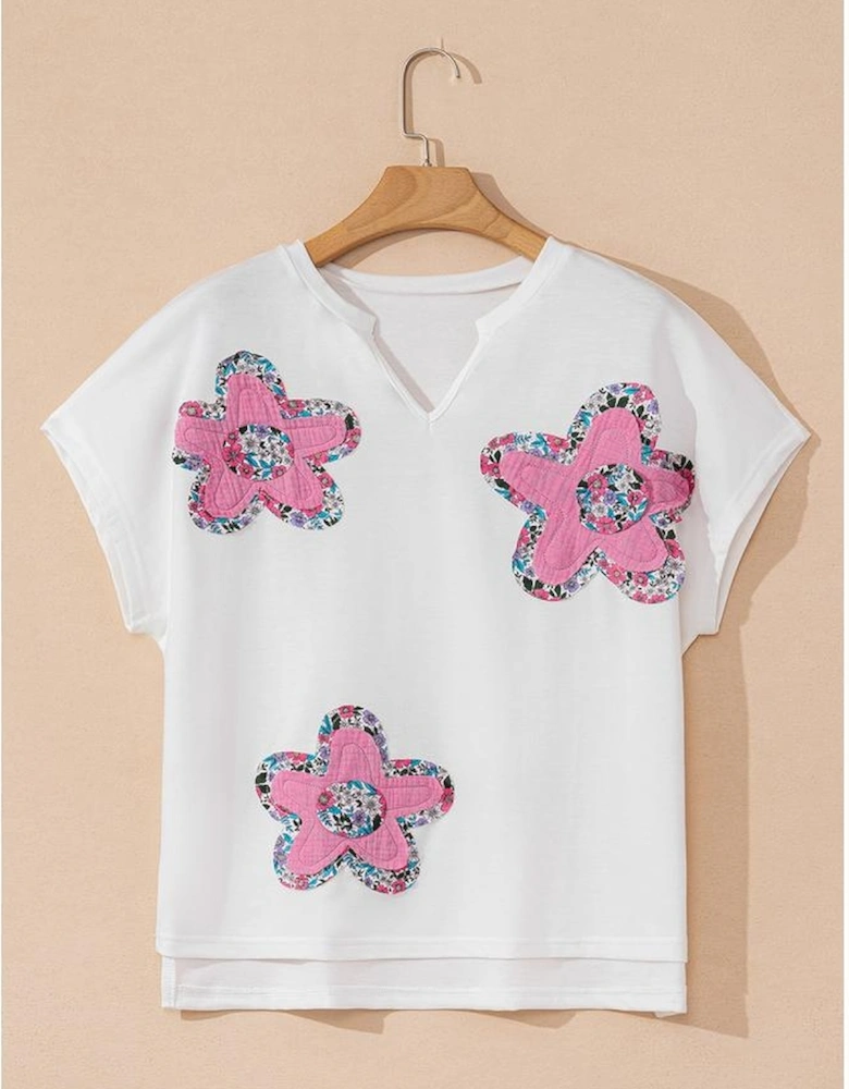 White Floral Applique Notched V Neck Dolman Sleeve Top