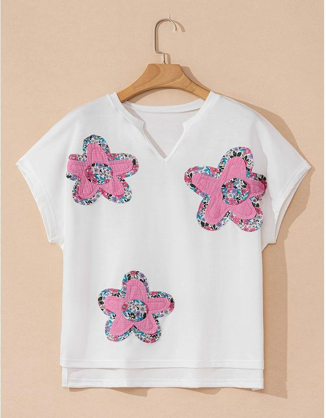 White Floral Applique Notched V Neck Dolman Sleeve Top