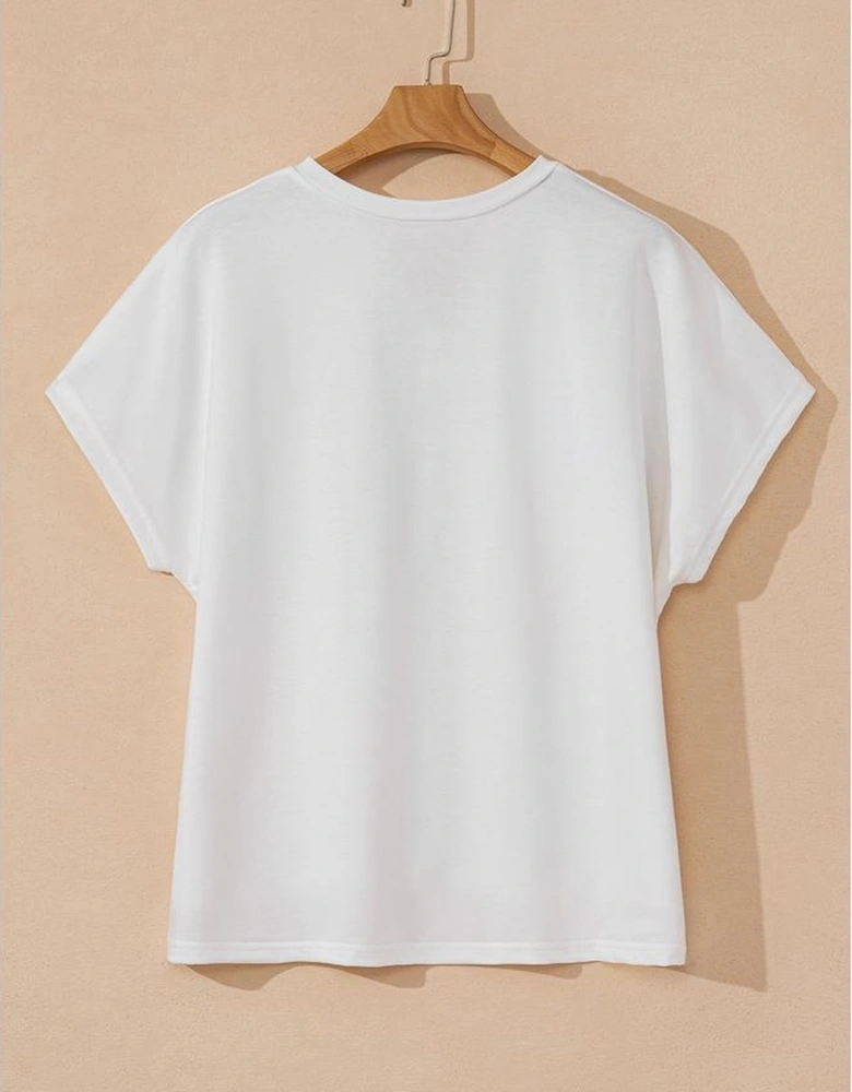 White Floral Applique Notched V Neck Dolman Sleeve Top