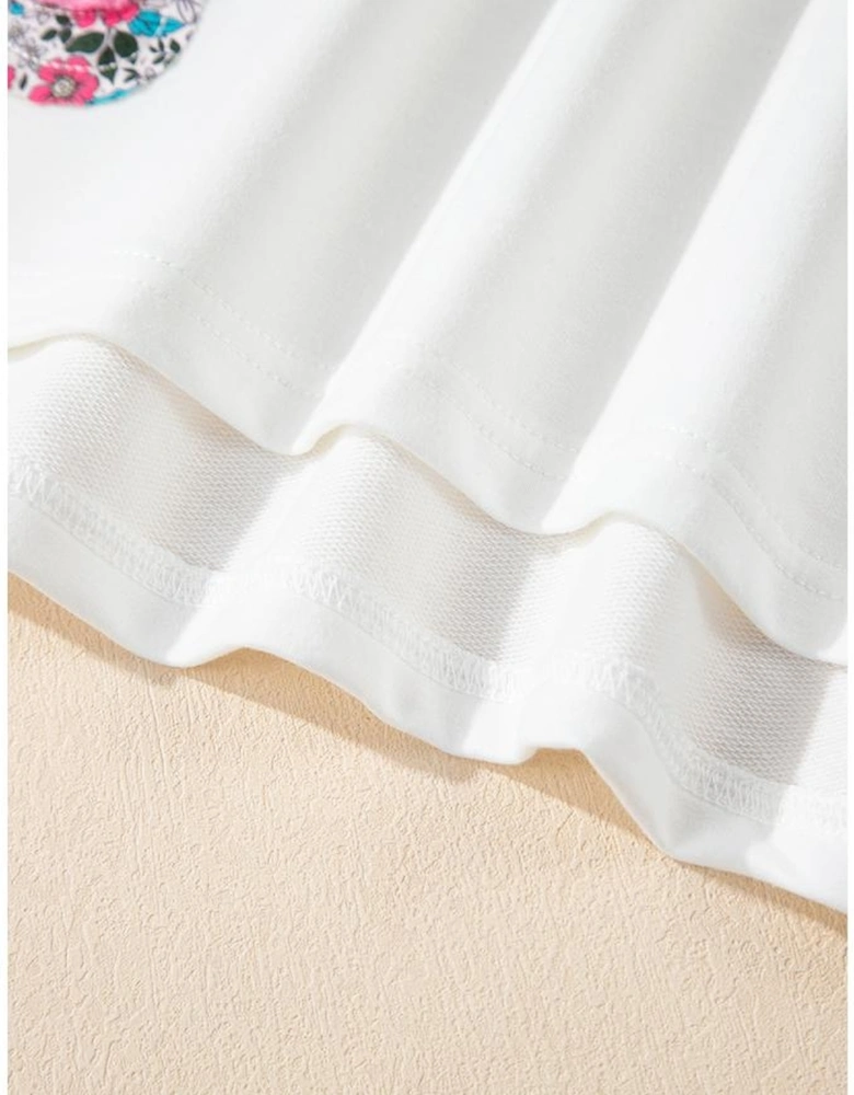 White Floral Applique Notched V Neck Dolman Sleeve Top