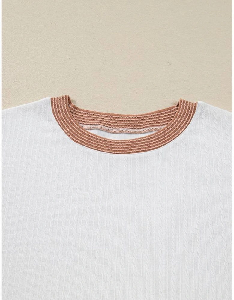 White Cable Texture Ribbed Color Block Plus Size Knit Top